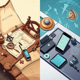 An illustrative comparison of ancient and modern navigation tools displayed side by side