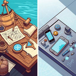 An illustrative comparison of ancient and modern navigation tools displayed side by side