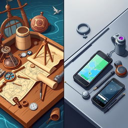 An illustrative comparison of ancient and modern navigation tools displayed side by side