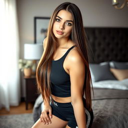 A beautiful 18-year-old Polish girl with long, straight brunette hair, posing suggestively in a bedroom