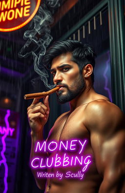 A cinematic portrait of a Mexican man of mixed race standing just outside a nightclub