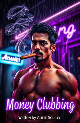 A cinematic portrait of a Mexican man of mixed race standing just outside a nightclub