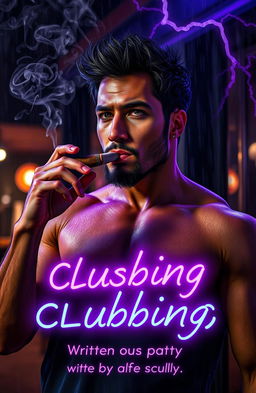 A cinematic portrait of a Mexican man of mixed race standing just outside a nightclub