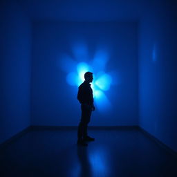 A silhouette of a man standing in a room bathed in enchanting blue nightlight