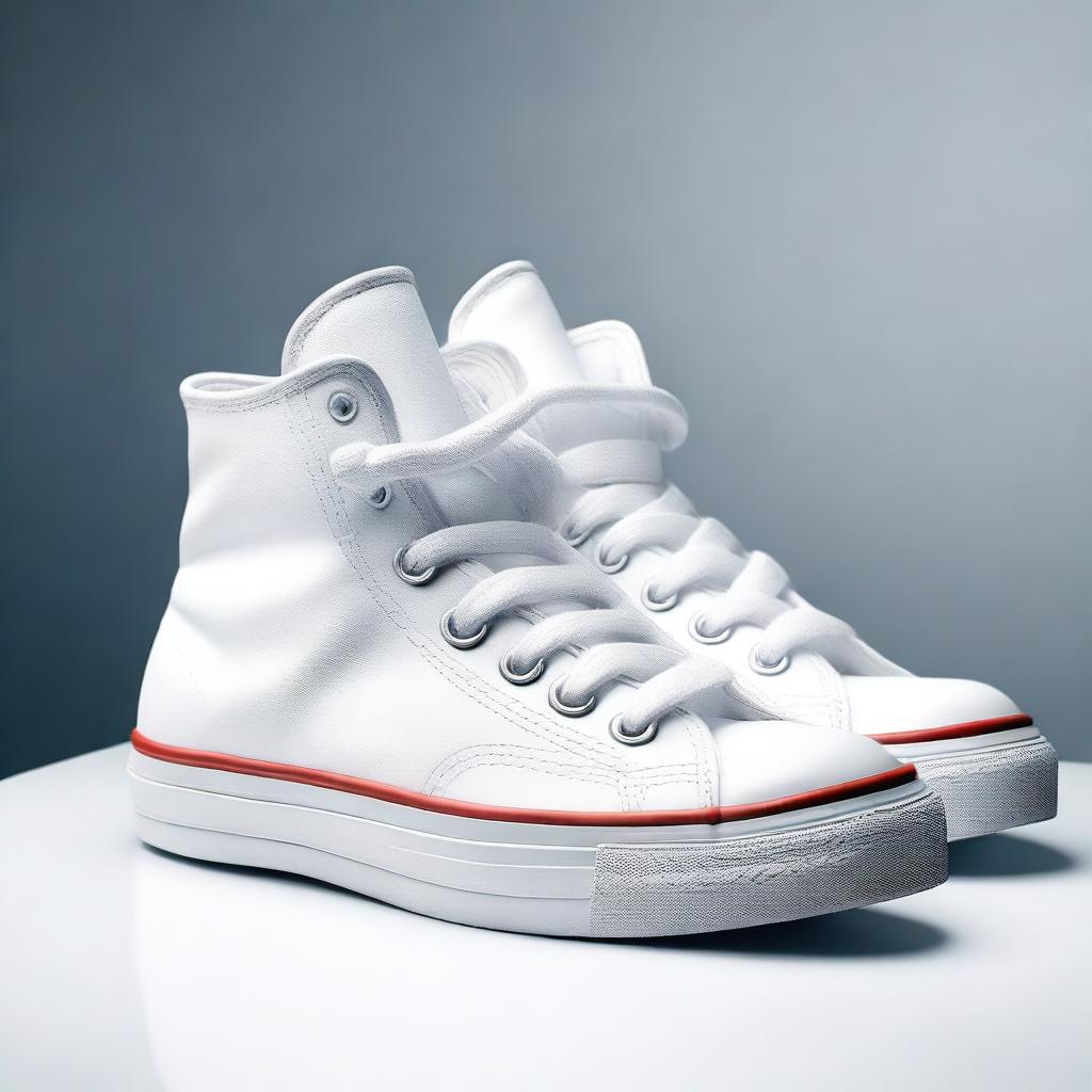 A hyper-realistic image of white sneakers