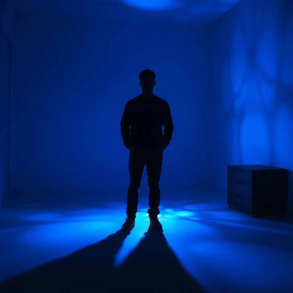 A silhouette of a man standing in a room bathed in enchanting blue nightlight