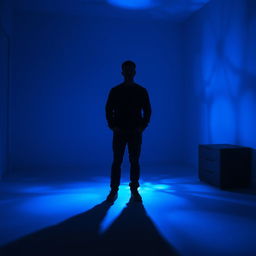 A silhouette of a man standing in a room bathed in enchanting blue nightlight