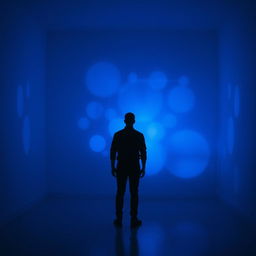 A silhouette of a man standing in a room bathed in enchanting blue nightlight