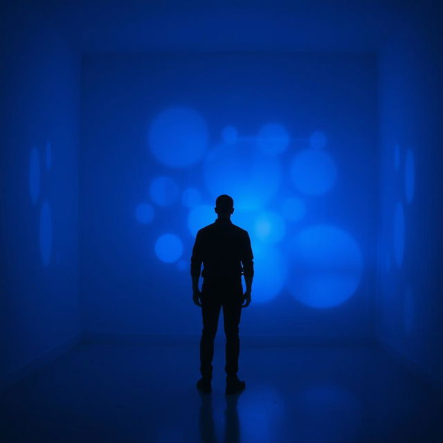 A silhouette of a man standing in a room bathed in enchanting blue nightlight