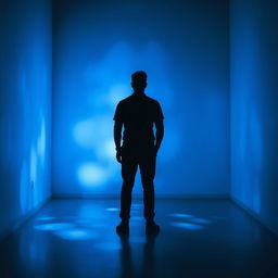 A silhouette of a man standing in a room bathed in enchanting blue nightlight