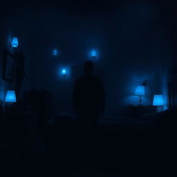 A silhouette of a man standing in a dimly lit bedroom, surrounded by ominous and eerie blue nightlights that cast unsettling shadows across the room