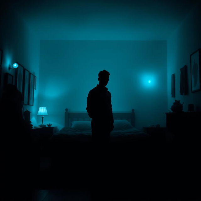 A silhouette of a man standing in a dimly lit bedroom, surrounded by ominous and eerie blue nightlights that cast unsettling shadows across the room