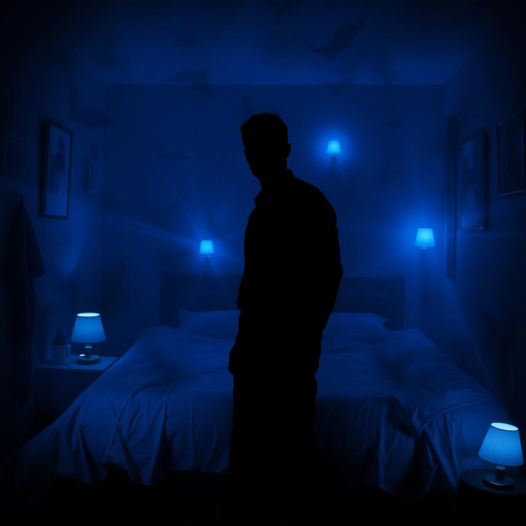 A silhouette of a man standing in a dimly lit bedroom, surrounded by ominous and eerie blue nightlights that cast unsettling shadows across the room