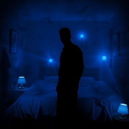 A silhouette of a man standing in a dimly lit bedroom, surrounded by ominous and eerie blue nightlights that cast unsettling shadows across the room