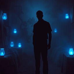 A silhouette of a man standing in a dimly lit bedroom, surrounded by ominous and eerie blue nightlights that cast unsettling shadows across the room