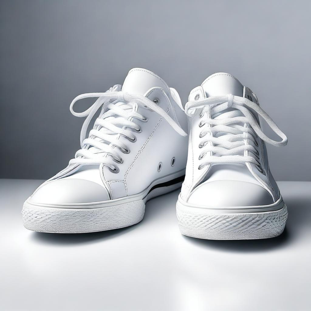 A hyper-realistic image of white sneakers