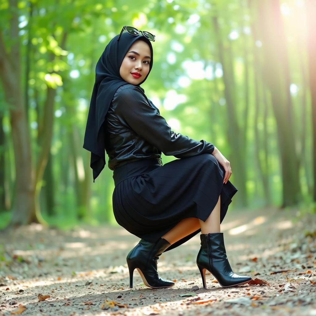 A stylish woman wearing a hijab, a shiny satin patterned shirt, and a pleated skirt, squatting gracefully on the ground in a beautiful wooded area