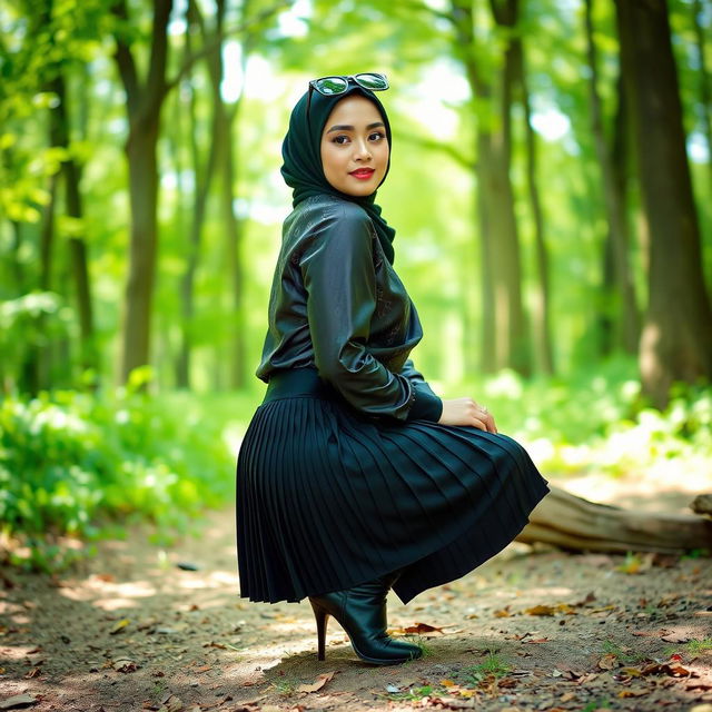 A stylish woman wearing a hijab, a shiny satin patterned shirt, and a pleated skirt, squatting gracefully on the ground in a beautiful wooded area