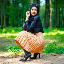 A stylish woman wearing a hijab, a shiny satin patterned shirt, and a pleated skirt, squatting gracefully on the ground in a beautiful wooded area