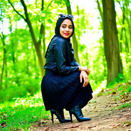 A stylish woman wearing a hijab, a shiny satin patterned shirt, and a pleated skirt, squatting gracefully on the ground in a beautiful wooded area