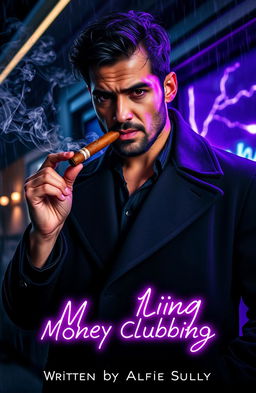 A cinematic scene featuring a Mexican man of mixed race with a muscular yet lean frame, wearing a stylish black overcoat