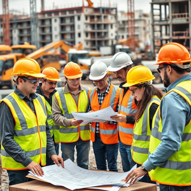 A lively scene showcasing civil activities with professionals engaged in various tasks