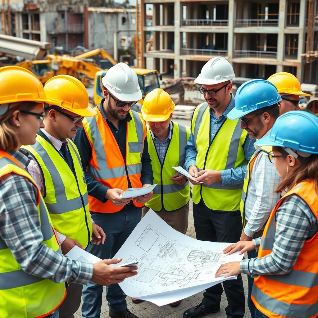 A lively scene showcasing civil activities with professionals engaged in various tasks