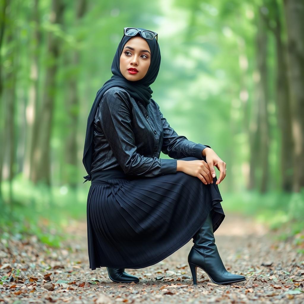 A fashionable woman wearing a hijab, adorned in a shiny satin patterned shirt and a pleated skirt, is squatting gracefully on the ground in a serene wooded area