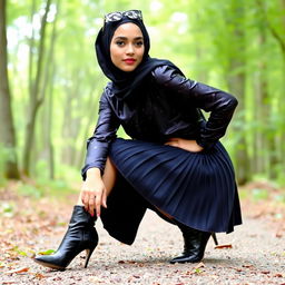 A fashionable woman wearing a hijab, adorned in a shiny satin patterned shirt and a pleated skirt, is squatting gracefully on the ground in a serene wooded area