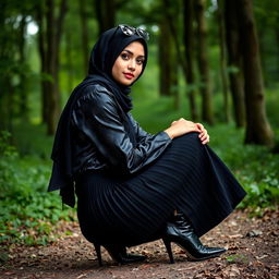 A fashionable woman wearing a hijab, adorned in a shiny satin patterned shirt and a pleated skirt, is squatting gracefully on the ground in a serene wooded area