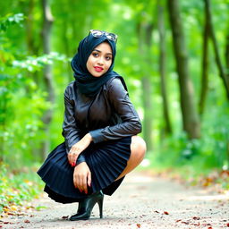 A fashionable woman wearing a hijab, adorned in a shiny satin patterned shirt and a pleated skirt, is squatting gracefully on the ground in a serene wooded area