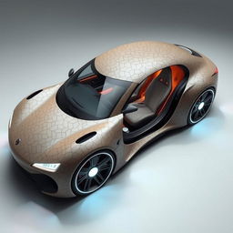 A surreal and imaginative concept of a car design with body panels resembling human skin textures, integrating organic curves and peculiar details that evoke a sense of the uncanny