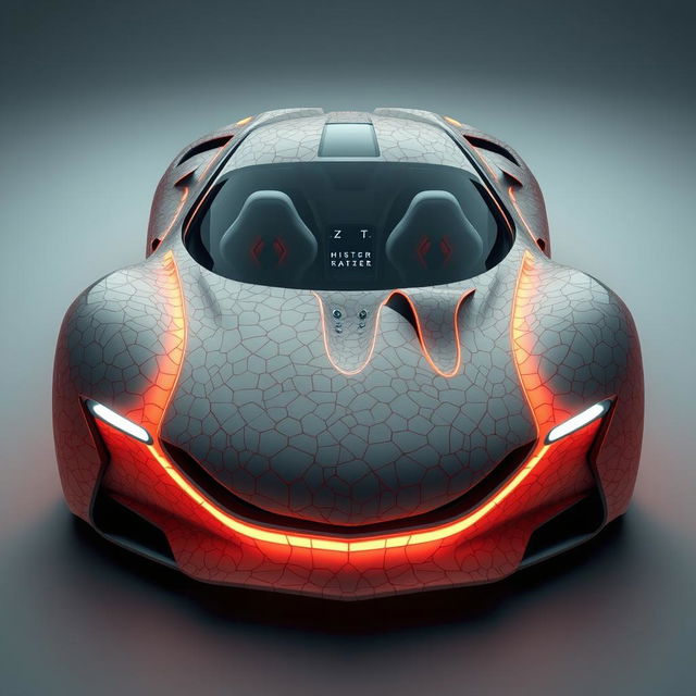 A surreal and imaginative concept of a car design with body panels resembling human skin textures, integrating organic curves and peculiar details that evoke a sense of the uncanny