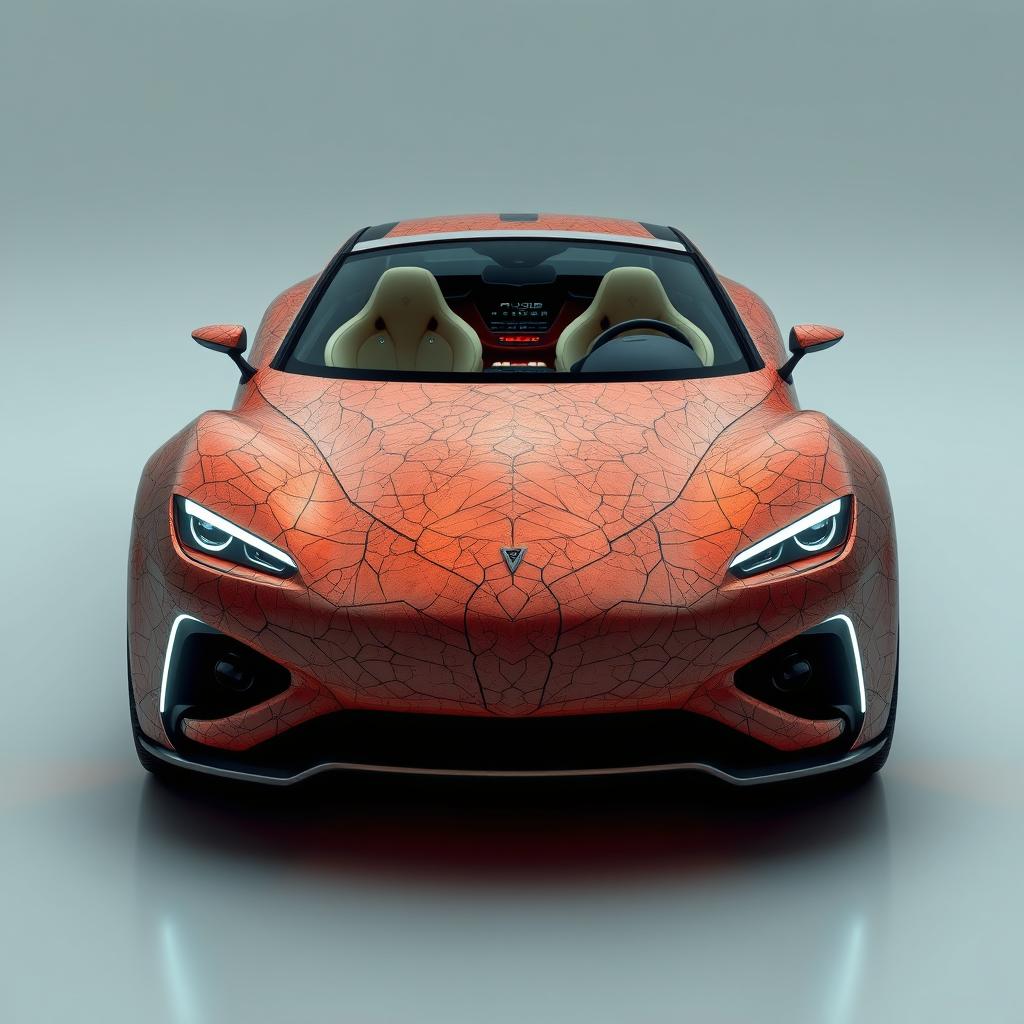 A surreal and imaginative concept of a car design with body panels resembling human skin textures, integrating organic curves and peculiar details that evoke a sense of the uncanny