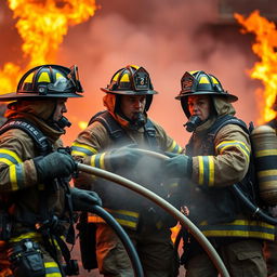An intense firefighting scene showing professional firefighters actively engaged in firefighting activities
