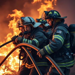An intense firefighting scene showing professional firefighters actively engaged in firefighting activities