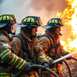 An intense firefighting scene showing professional firefighters actively engaged in firefighting activities