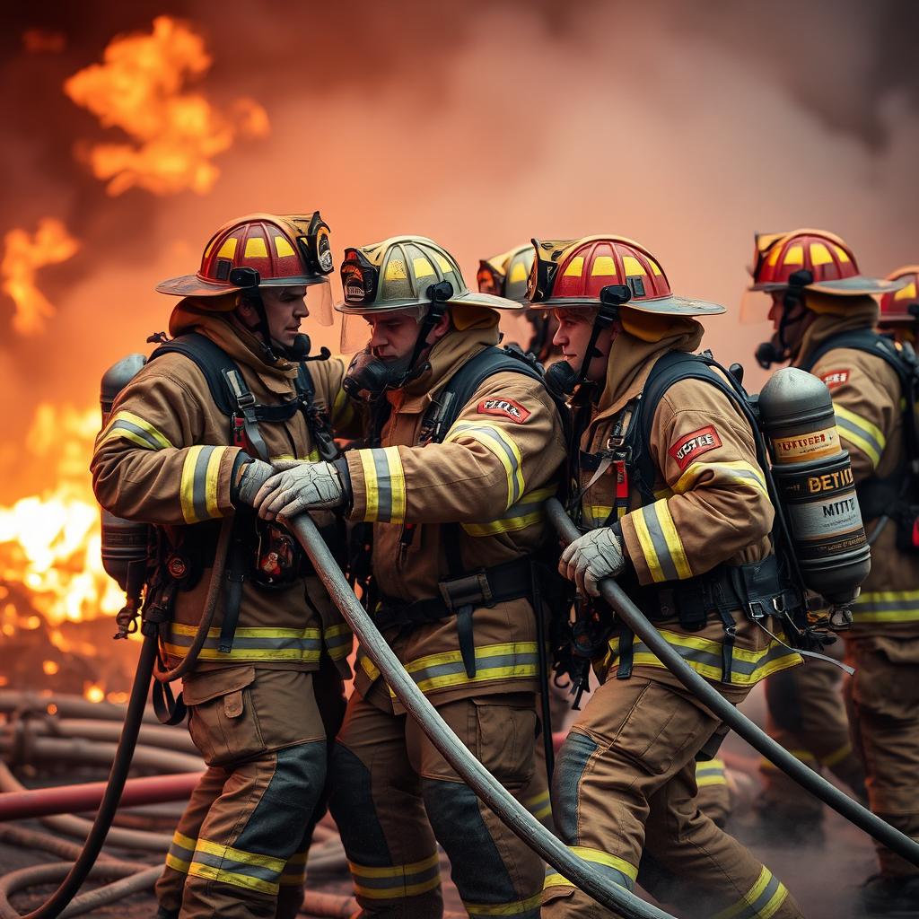 An intense firefighting scene showing professional firefighters actively engaged in firefighting activities