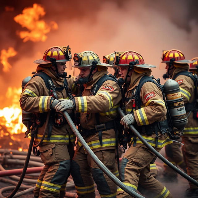 An intense firefighting scene showing professional firefighters actively engaged in firefighting activities