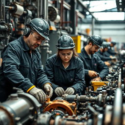 A dynamic scene depicting professionals engaged in mechanical activities within an industrial setting