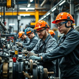 A dynamic scene depicting professionals engaged in mechanical activities within an industrial setting