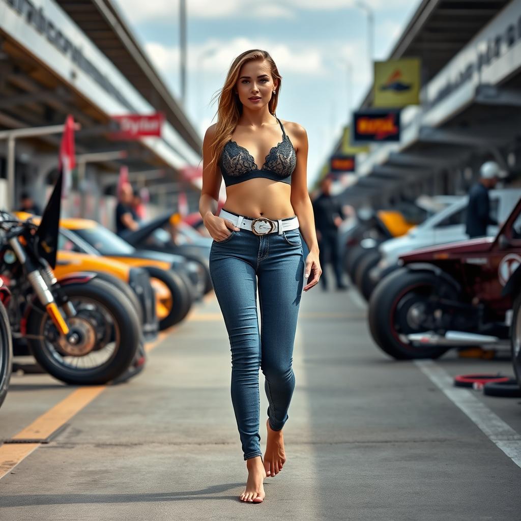 A beautiful, sexy long thin woman with medium breasts and very wide, bulging low saddle bag hips, portraying the confidence of a 19-year-old