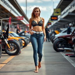 A beautiful, sexy long thin woman with medium breasts and very wide, bulging low saddle bag hips, portraying the confidence of a 19-year-old