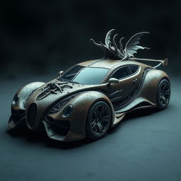 A surreal and thought-provoking artistic interpretation of a car designed with a macabre theme, incorporating elements that resemble skin textures, perhaps reminiscent of leather or organic materials