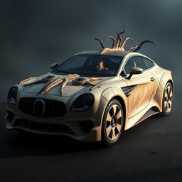 A surreal and thought-provoking artistic interpretation of a car designed with a macabre theme, incorporating elements that resemble skin textures, perhaps reminiscent of leather or organic materials