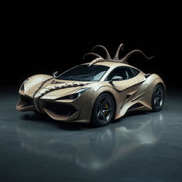A surreal and thought-provoking artistic interpretation of a car designed with a macabre theme, incorporating elements that resemble skin textures, perhaps reminiscent of leather or organic materials