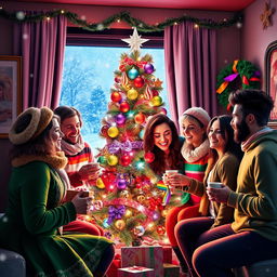 A vibrant and colorful Christmas celebration featuring a diverse group of joyful LGBTQ+ individuals, all dressed in festive attire with a mix of traditional and modern styles