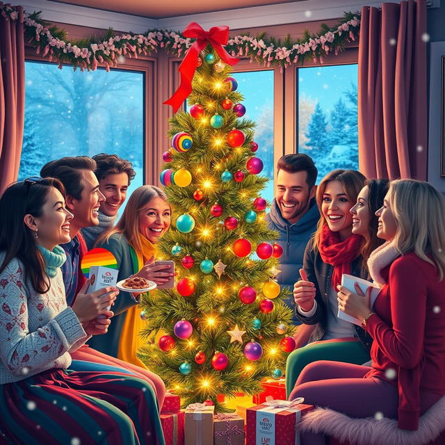 A vibrant and colorful Christmas celebration featuring a diverse group of joyful LGBTQ+ individuals, all dressed in festive attire with a mix of traditional and modern styles