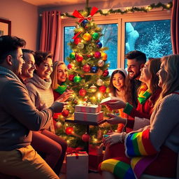 A vibrant and colorful Christmas celebration featuring a diverse group of joyful LGBTQ+ individuals, all dressed in festive attire with a mix of traditional and modern styles
