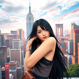A stunning Japanese girl posing confidently in an artistic scene set in New York City